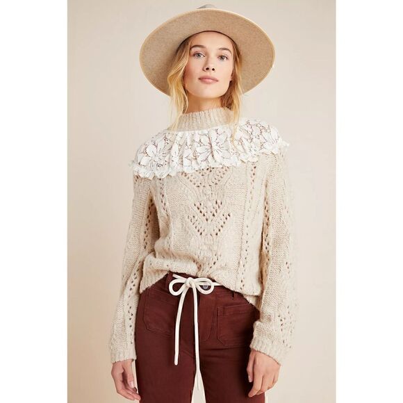 Anthropologie Suzanne Pointelle Lace Cream Sweater Size XS - Picture 12 of 12